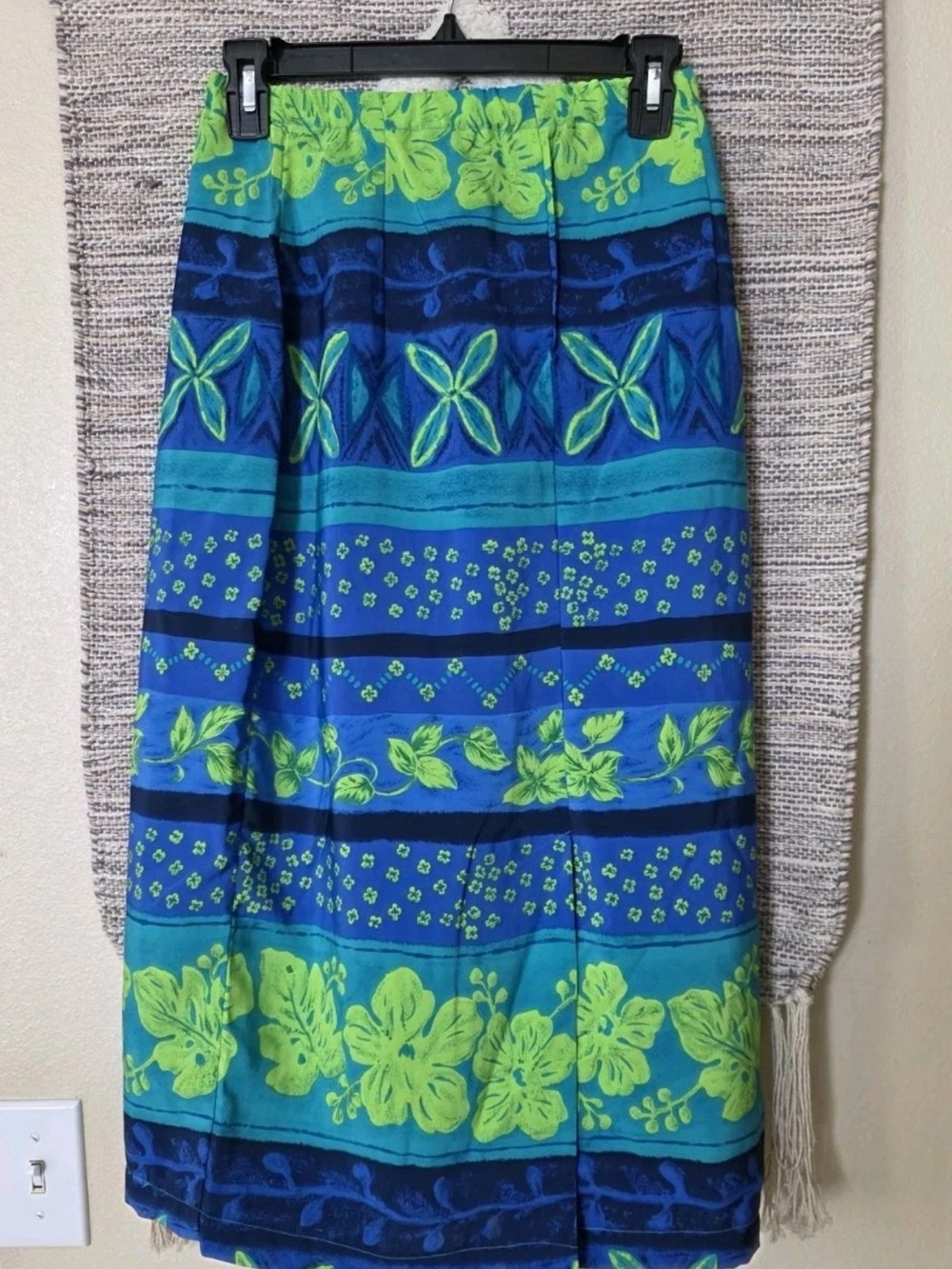 Vintage Blue Green Hawaiian Floral Tropical Midi Skirt Women's Size Small